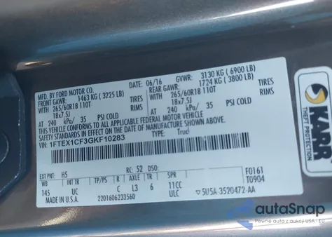 2016 Ford F-150 Xlt z USA, uszkodzony, nr VIN 1FTEX1CF3GKF10283